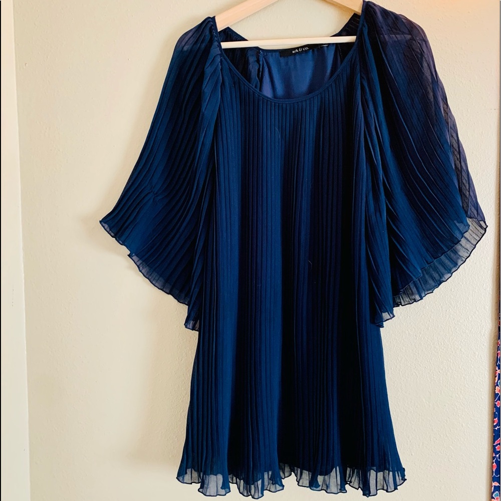 Blue textured see-through sleeves mid length dress